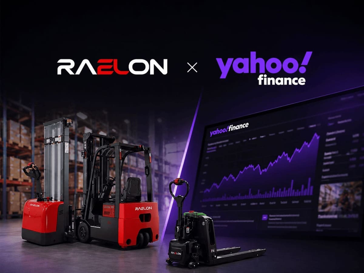 Raelon electric pallet jack warehouse blog cover inspired by Yahoo Finance media coverage