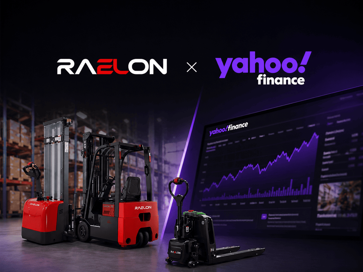 Raelon electric pallet jack warehouse blog cover inspired by Yahoo Finance media coverage