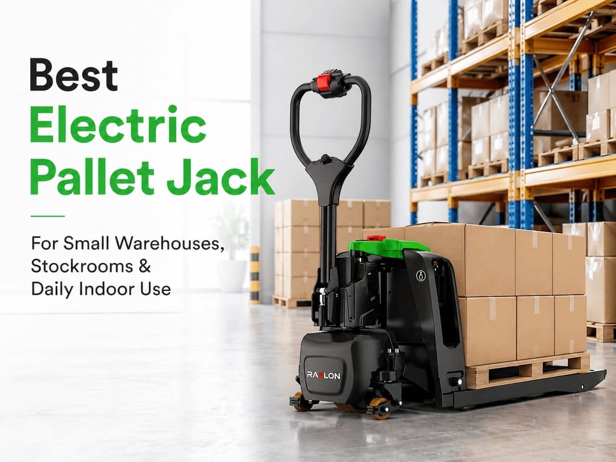 Best electric pallet jack for small warehouses and stockrooms featuring Raelon F4 lithium electric pallet jack indoors