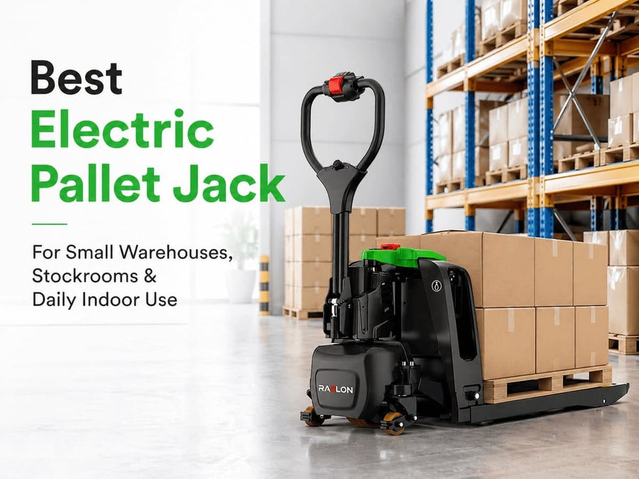 Best electric pallet jack for small warehouses and stockrooms featuring Raelon F4 lithium electric pallet jack indoors