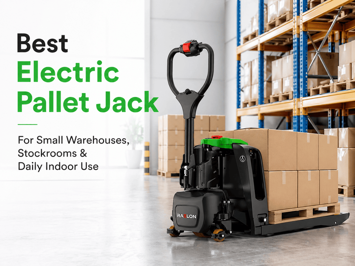 Best electric pallet jack for small warehouses and stockrooms featuring Raelon F4 lithium electric pallet jack indoors
