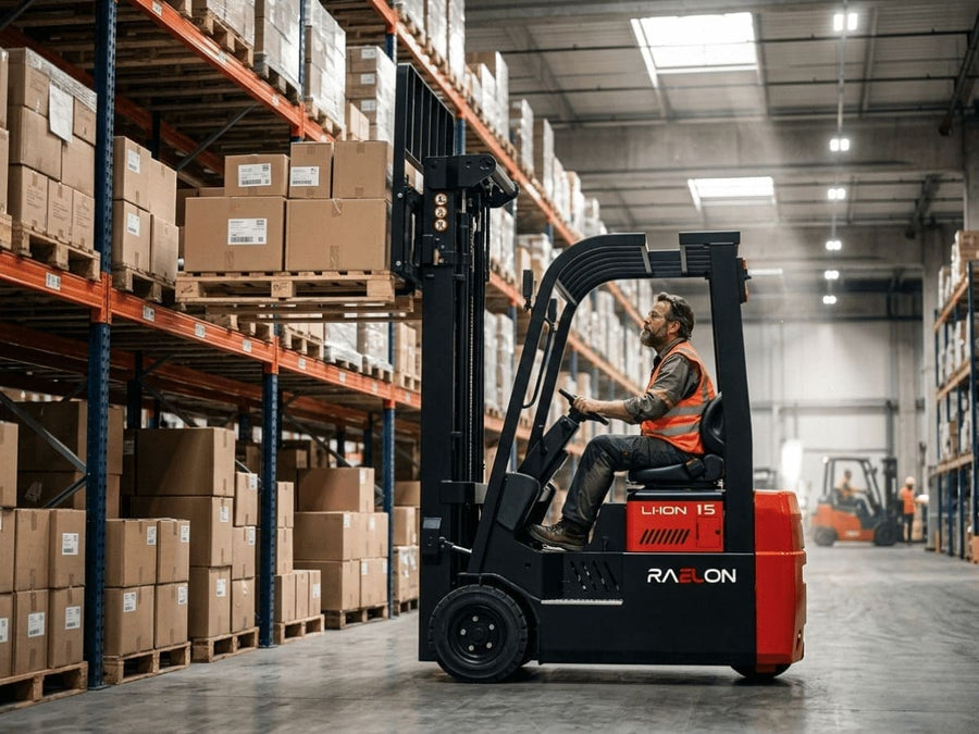 Operator at the controls of a Raelon electric forklift indoors