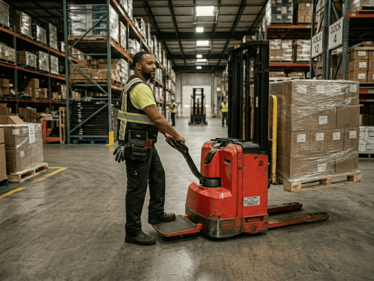 Raelon blog image for electric pallet stacker beginner guide and safe stacking tips