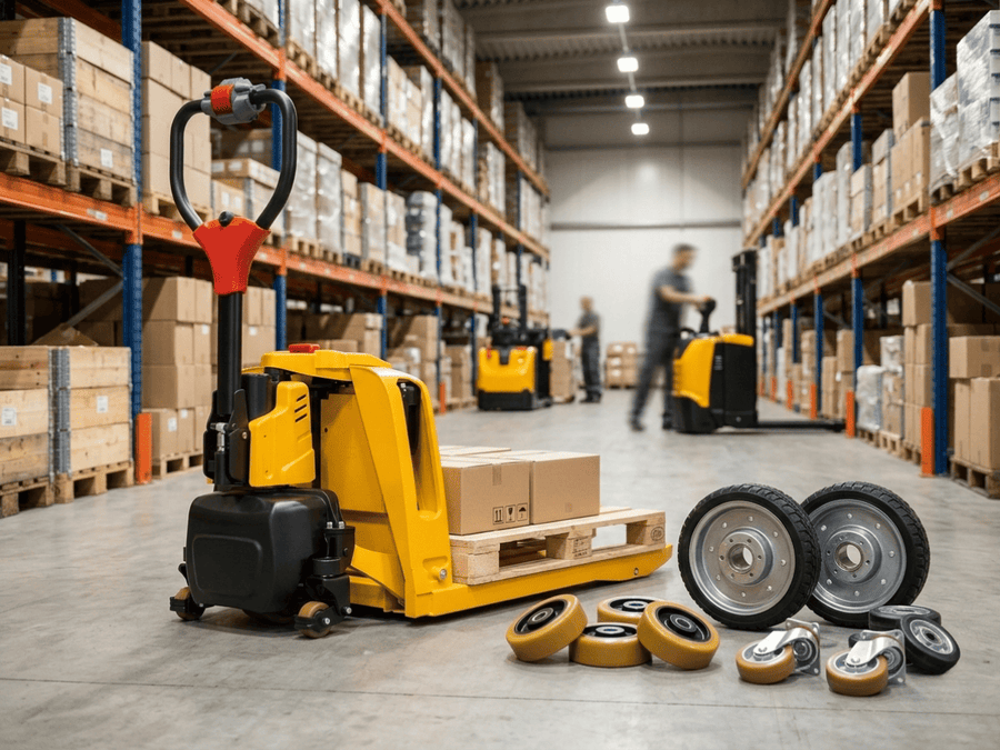 Raelon blog image for pallet jack wheels guide covering types, sizing, and replacement