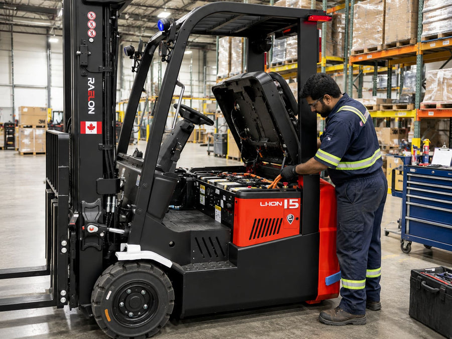 Raelon electric forklift connected to its charger