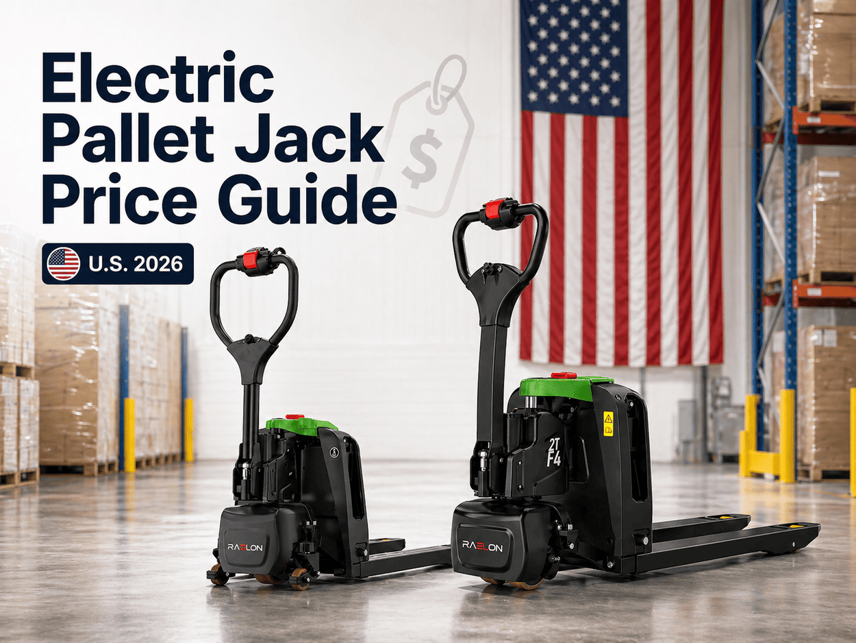 Electric pallet jack price guide in the U.S. showing Raelon F4 3300 lbs lithium electric pallet jack in a warehouse