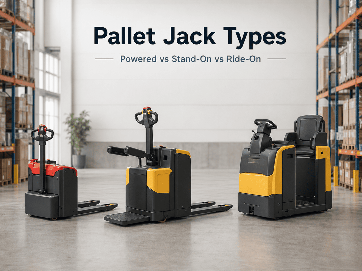 Electric powered pallet jack compared with ride on and stand on electric pallet jack models in a warehouse