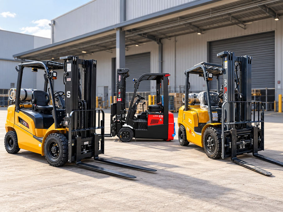 Three Raelon forklifts side by side: an electric, a propane and a diesel truck