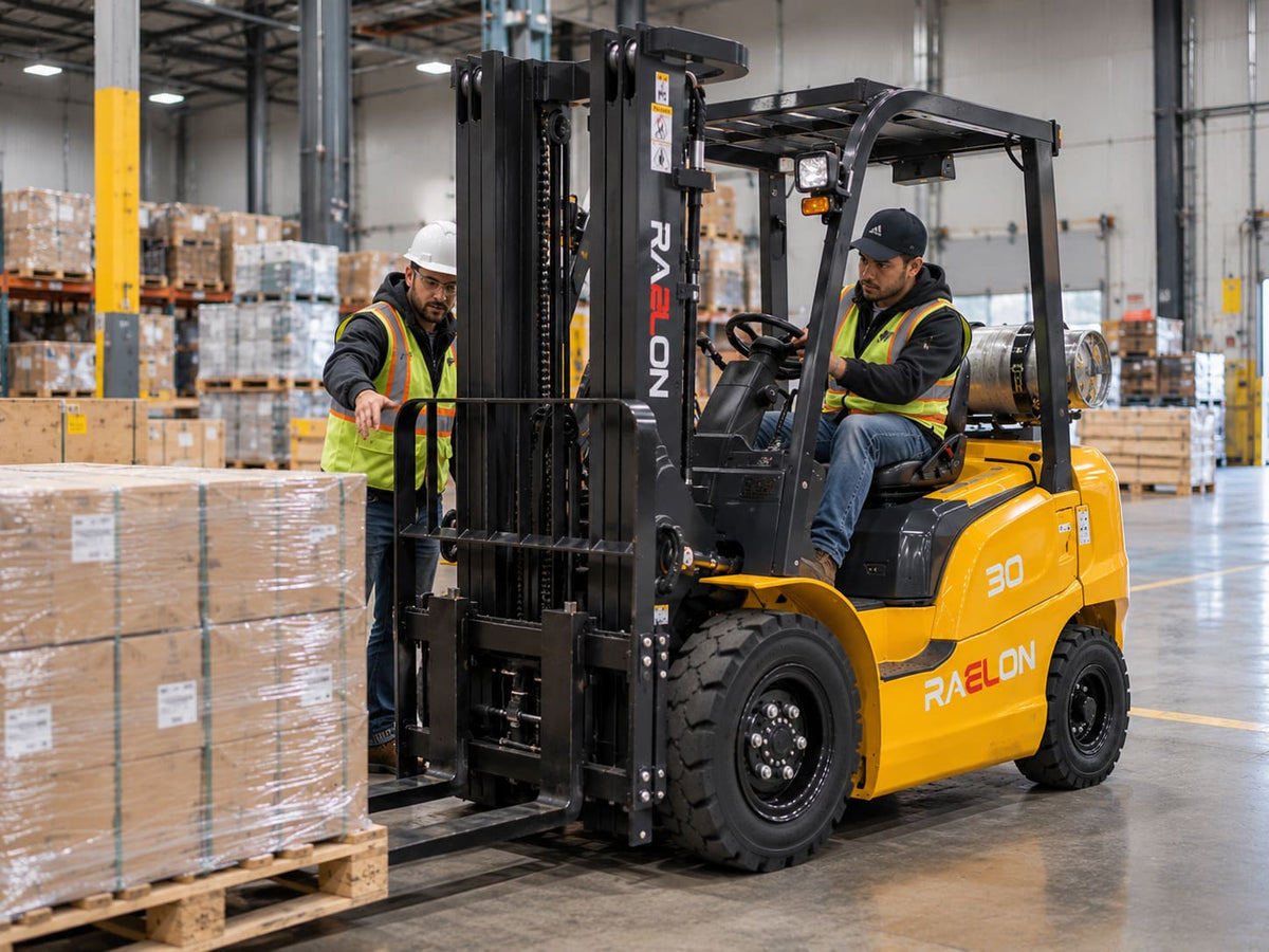 Operator driving a Raelon sit-down forklift in a warehouse aisle