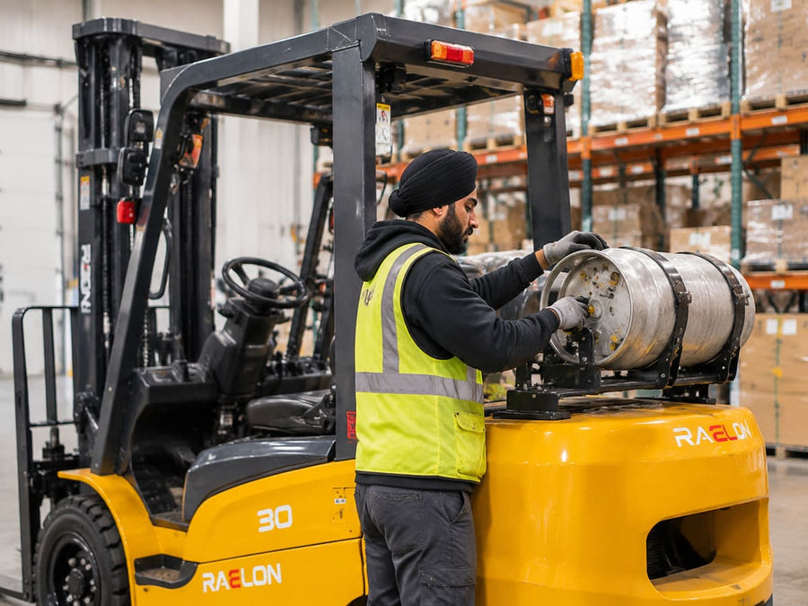 Propane cylinder mounted on the back of a Raelon LPG forklift