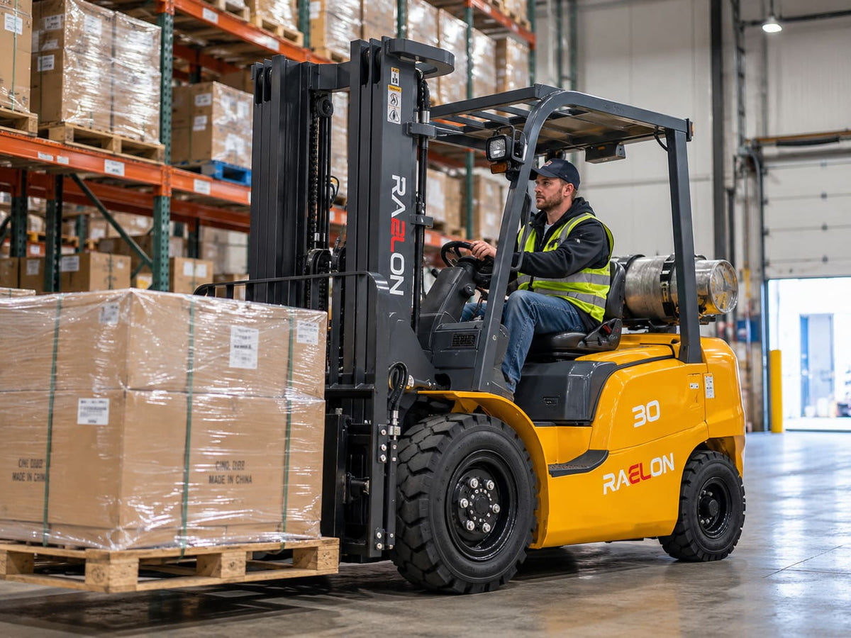 Operator driving a Raelon forklift inside a warehouse
