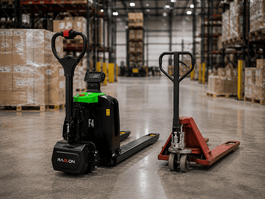 Raelon electric pallet jack vs manual pallet jack upgrade guide for warehouses stockrooms loading docks and daily pallet movement