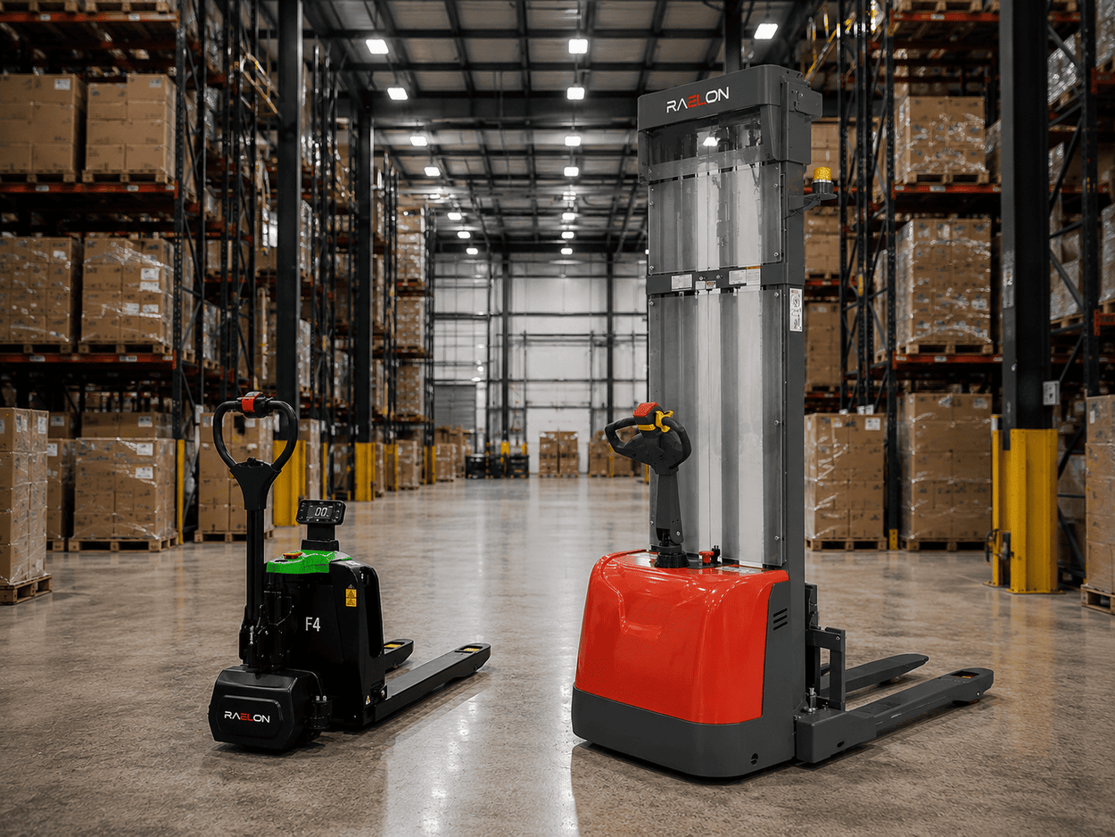 Raelon electric pallet jack vs pallet stacker guide for floor movement vertical lifting racking and warehouse storage