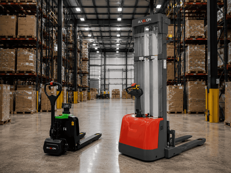 Raelon electric pallet jack vs pallet stacker guide for floor movement vertical lifting racking and warehouse storage