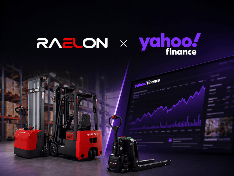 Raelon electric pallet jack warehouse blog cover inspired by Yahoo Finance media coverage