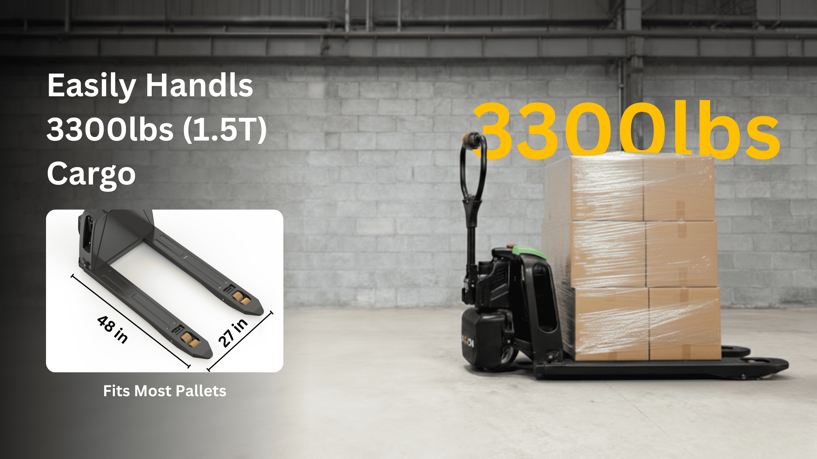 Raelon F4 carrying a standard pallet load with fork dimensions