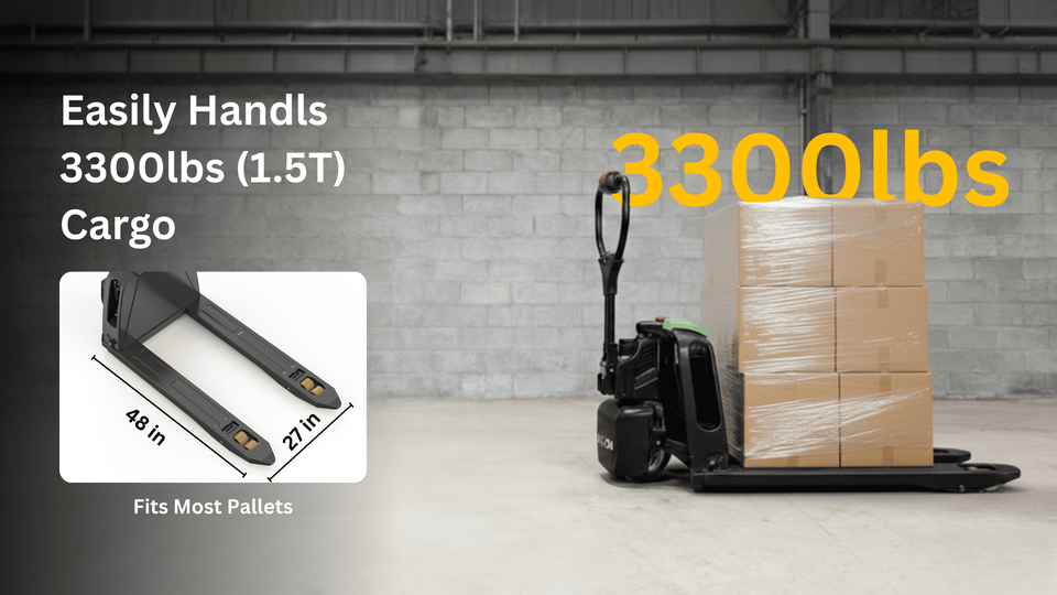 Raelon F4 carrying a standard pallet load with fork dimensions