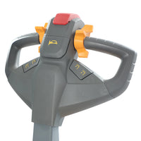 Gray and orange lawn mower handle with control buttons on a white background