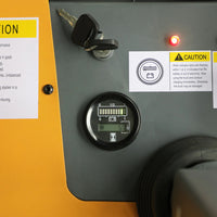 Control panel of a vehicle with warning labels and digital display