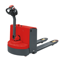 Red and gray pallet jack on a white background