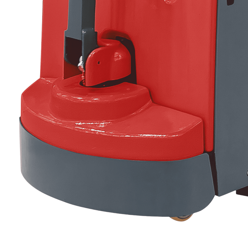 Close-up of a red and gray industrial vehicle component on a white background