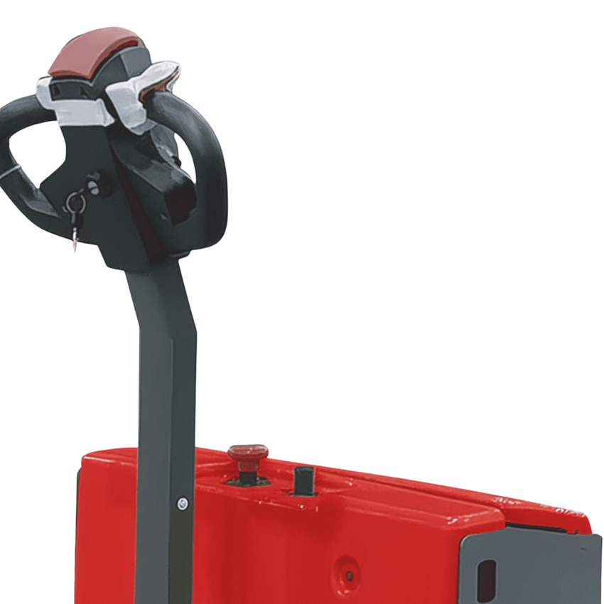 Red forklift with a black steering wheel on a white background