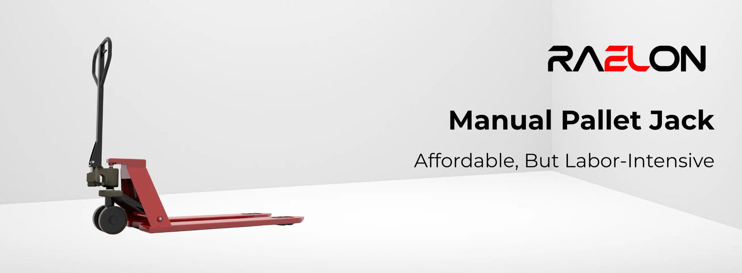 Red manual pallet jack on a white background with 'RAELON' branding.