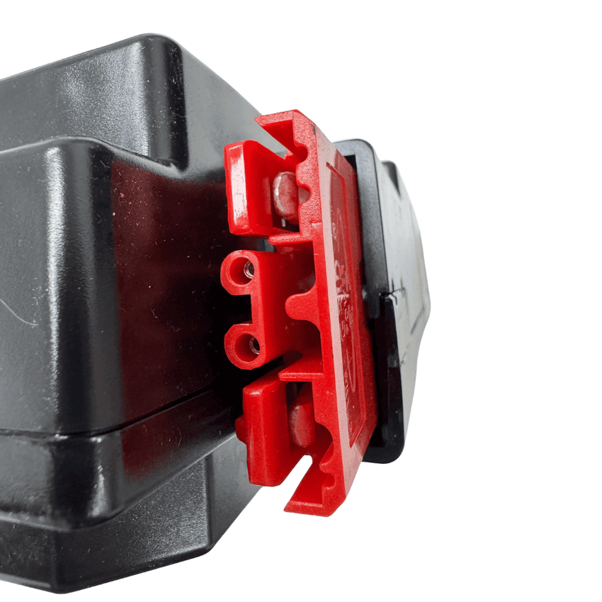 Close-up of Raelon 24V 20Ah lithium battery connector with BMS for F4 pallet jack