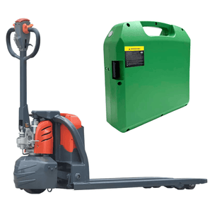 Raelon 24V 30Ah lithium ion battery for SL15L3 electric pallet jack shown with pallet jack