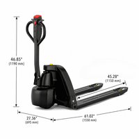 Raelon EPT15-EZ 3300lbs Li-ion electric pallet jack front view with dimensions labeled on a white background
