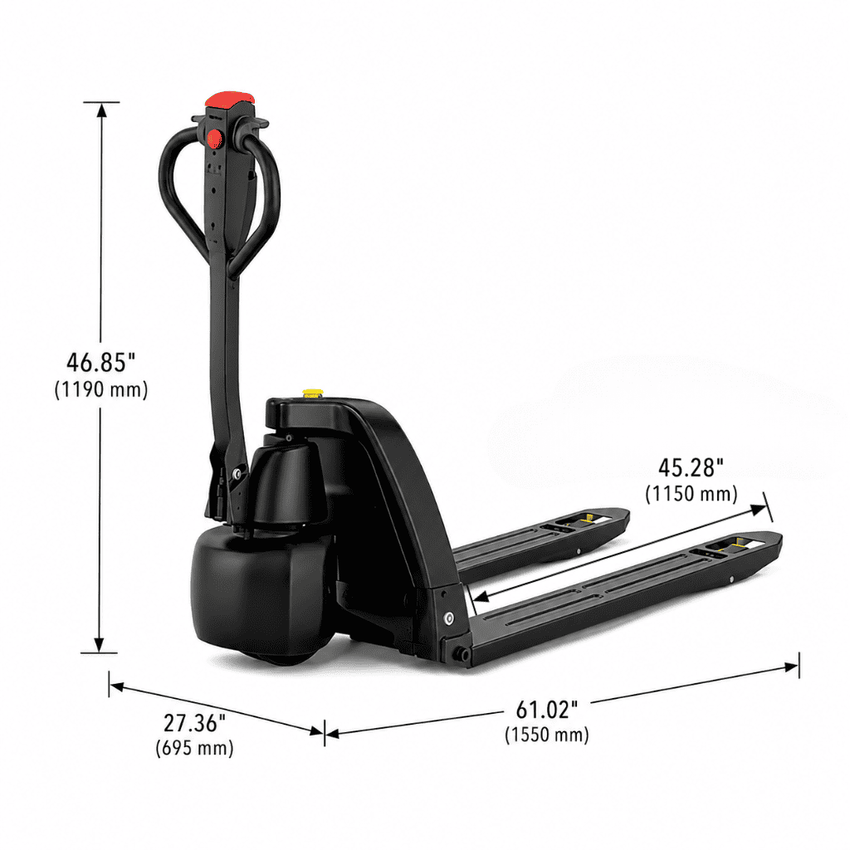 Raelon EPT15-EZ 3300lbs Li-ion electric pallet jack front view with dimensions labeled on a white background