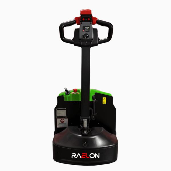 Raelon 3300lbs Electric Pallet Jack rear view – maintenance-free AGM battery compartment and ergonomic controls