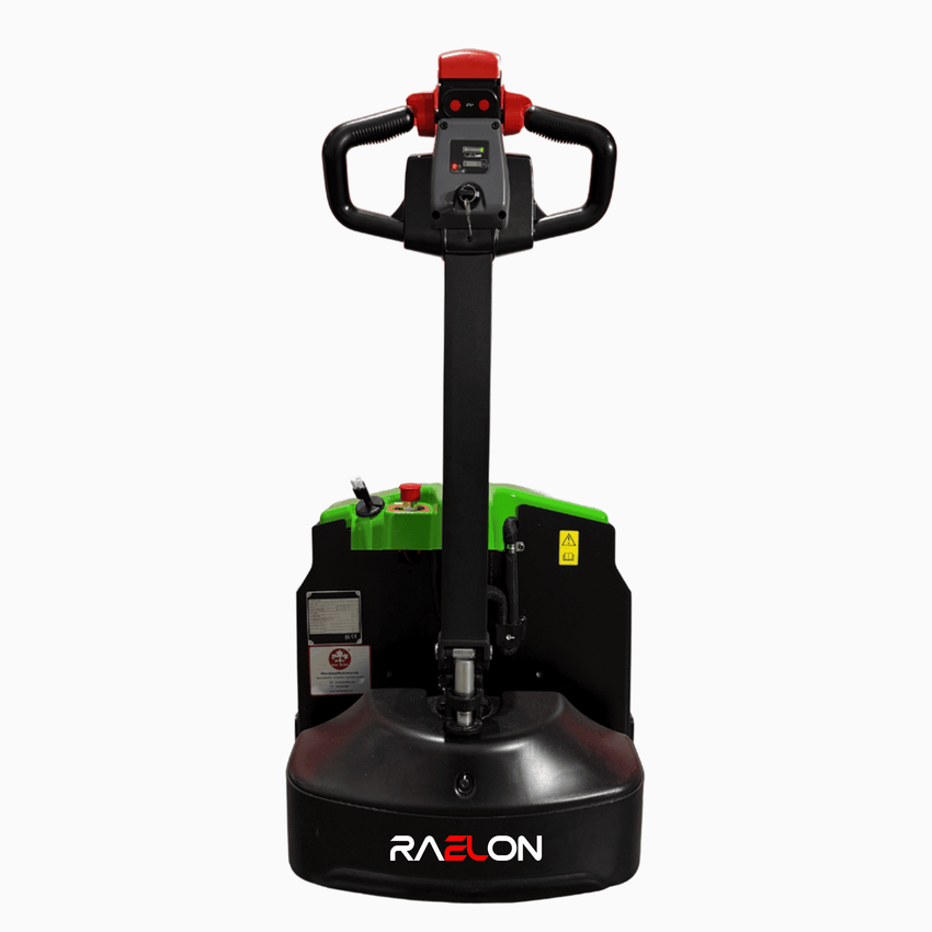 Raelon 3300lbs Electric Pallet Jack rear view – maintenance-free AGM battery compartment and ergonomic controls
