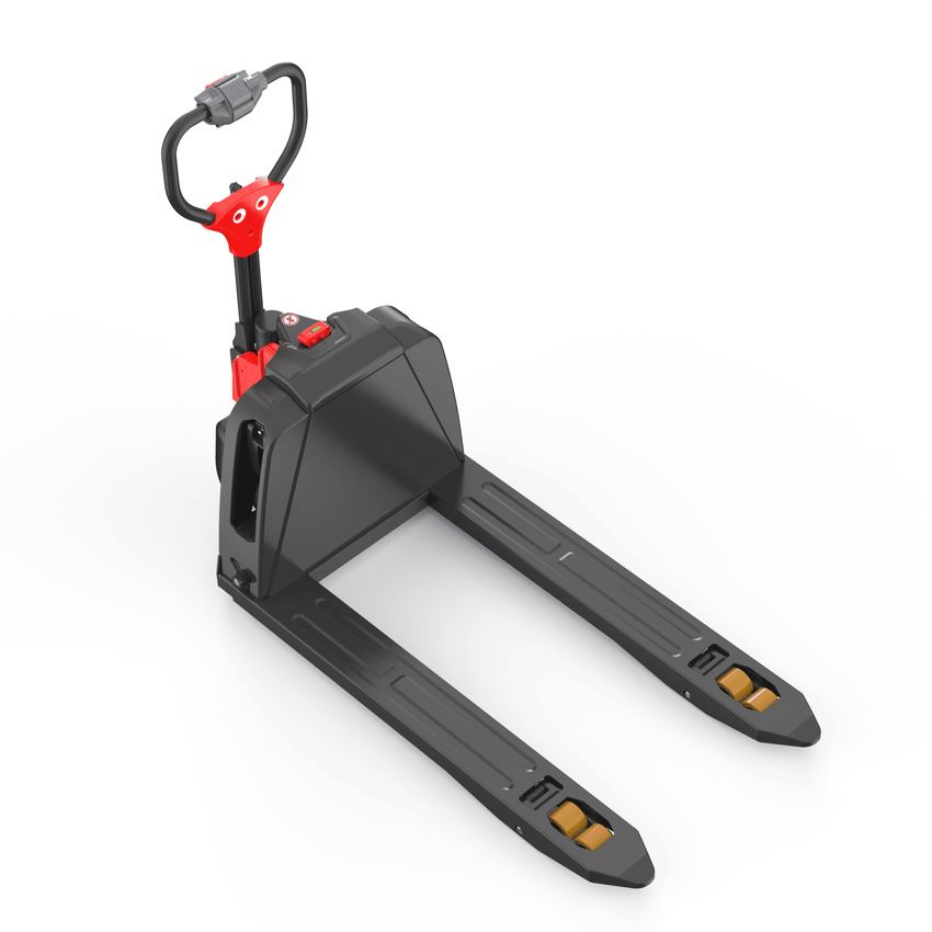 Raelon 3300lbs li ion electric pallet jack F4 Green forks and side angle view