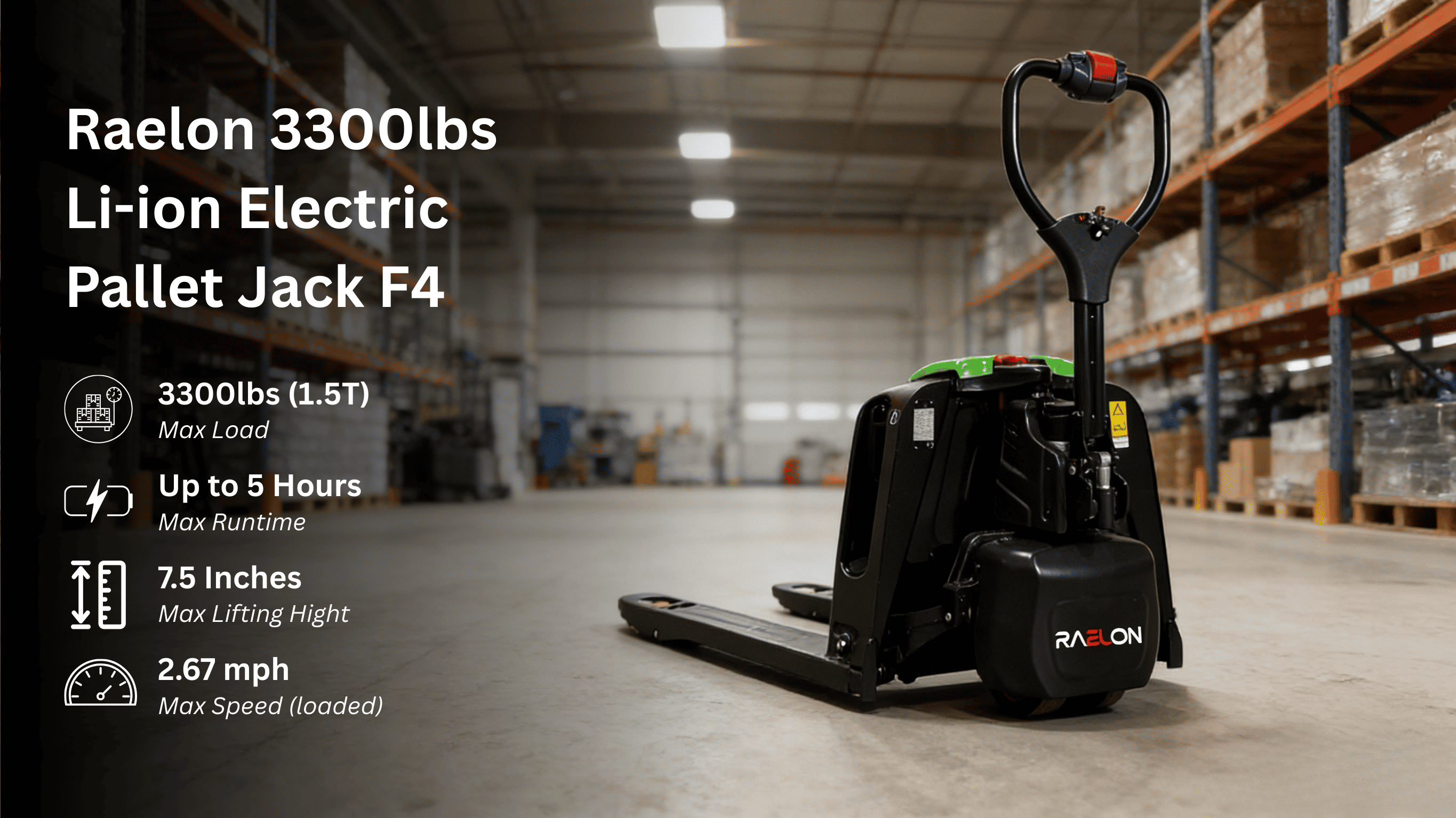 Raelon F4 electric pallet jack overview in a warehouse