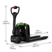 Raelon F4-201 4,400 lb electric pallet jack with dimensions labeled