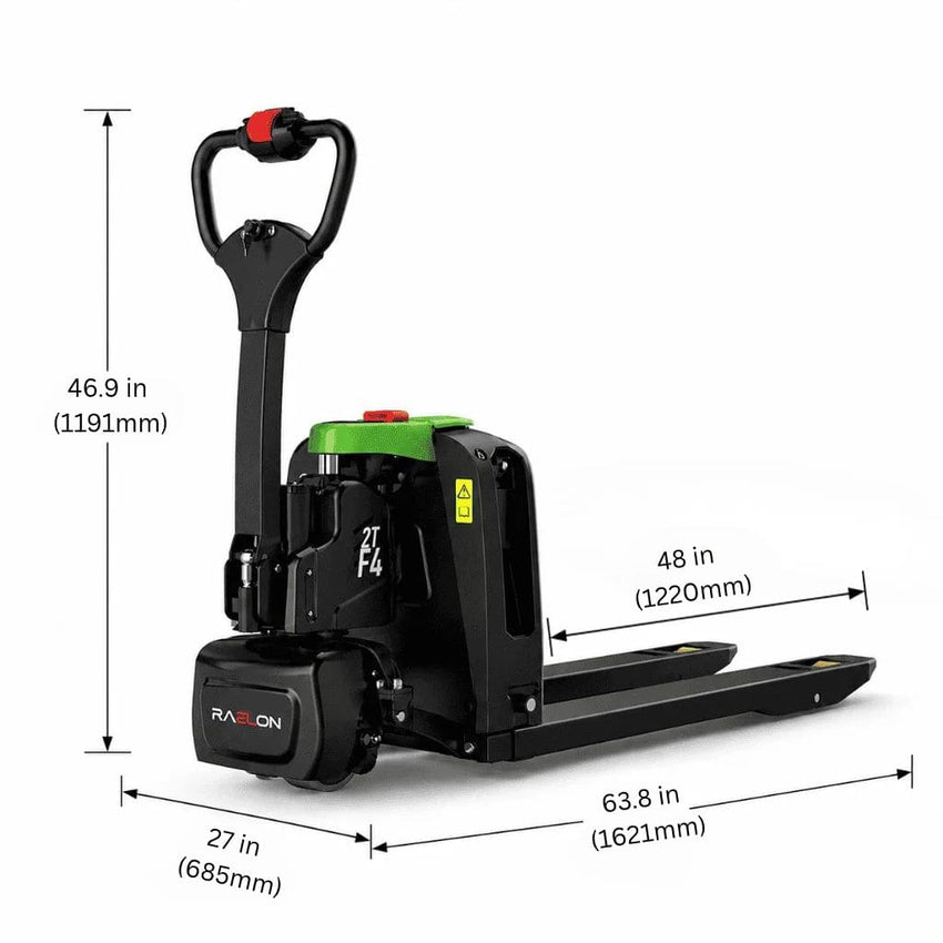 Raelon F4-201 4,400 lb electric pallet jack with dimensions labeled