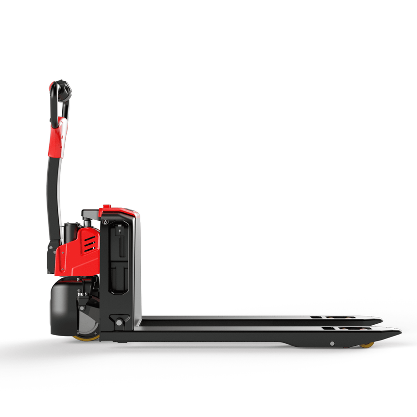 Side profile of Raelon 4400lbs pallet jack featuring plug-in lithium battery