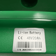 Raelon 48V 20Ah lithium ion battery label specifications close up