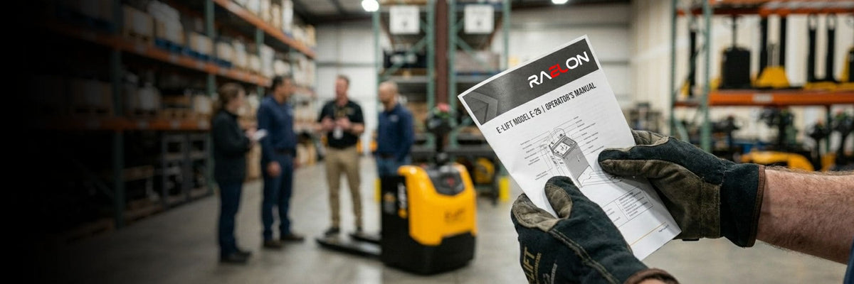 Raelon Buying Guides blog banner for electric pallet jacks, stackers, forklifts, and warehouse equipment selection
