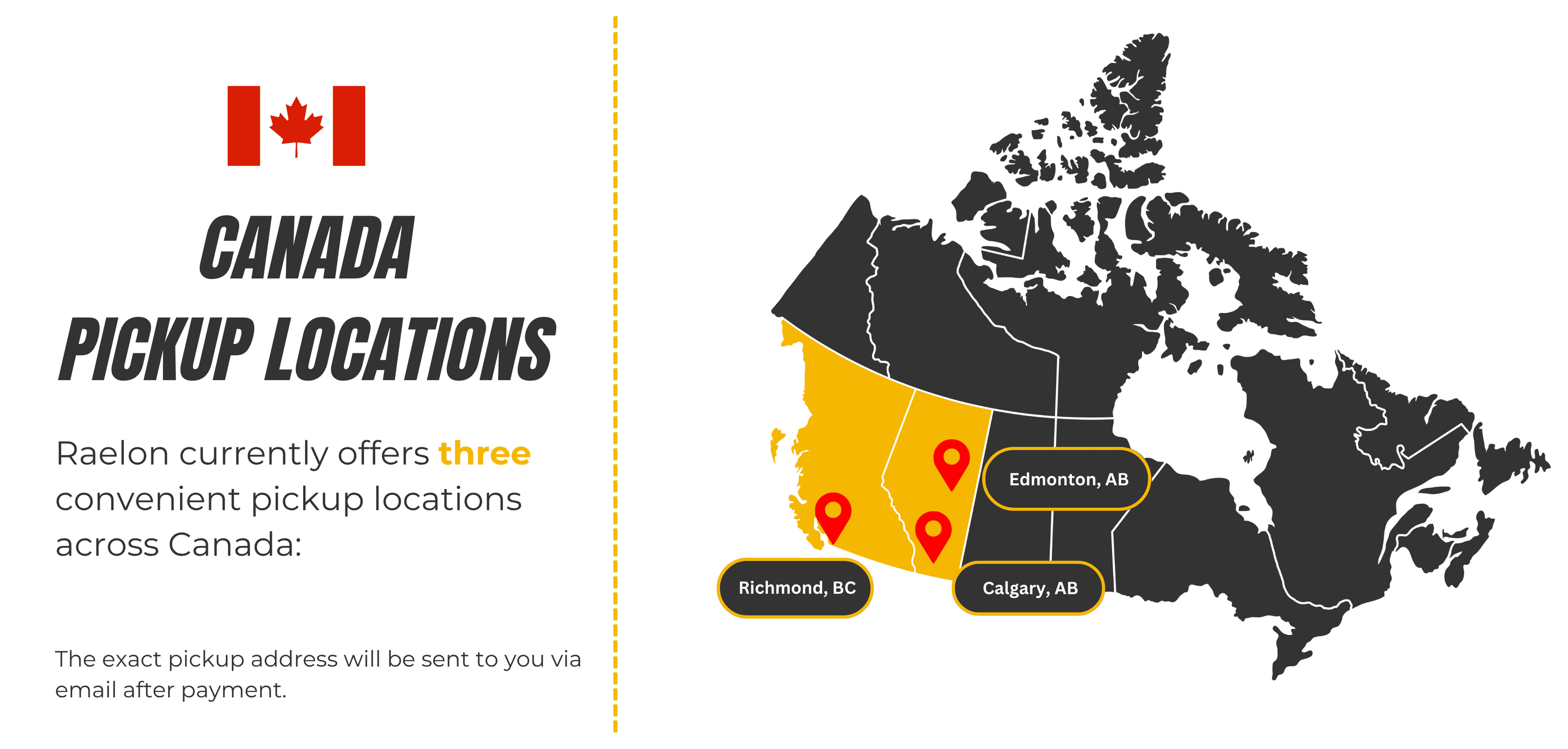 Raelon Canada pickup locations map with Richmond BC Calgary AB and Edmonton AB