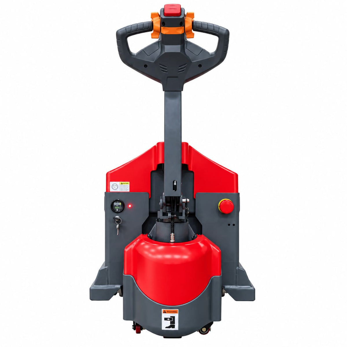 Operator-end view of the CBD15W-E19 showing the handle, battery gauge, key switch and emergency stop
