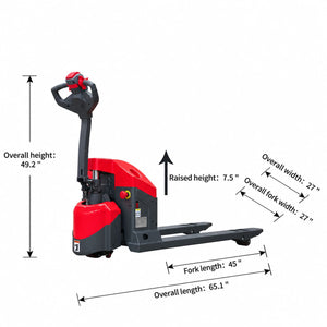CBD15W-E19 dimensions diagram: 49.2" overall height, 65.1" overall length, 45" fork length, 27" overall width and 7.5" raised height