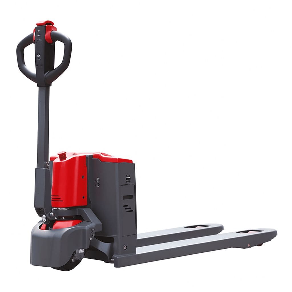 Raelon CBD15W-II 3,300 lb electric pallet jack in red and black, shown from a three-quarter angle with the handle upright and the forks extended