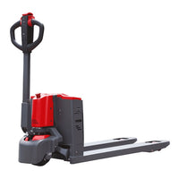 Raelon CBD15W-II 3,300 lb electric pallet jack in red and black, shown from a three-quarter angle with the handle upright and the forks extended