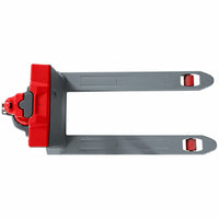 Top view of the Raelon CBD15W-II forks showing the 14.17 in spacing between forks and the load wheels at each fork tip