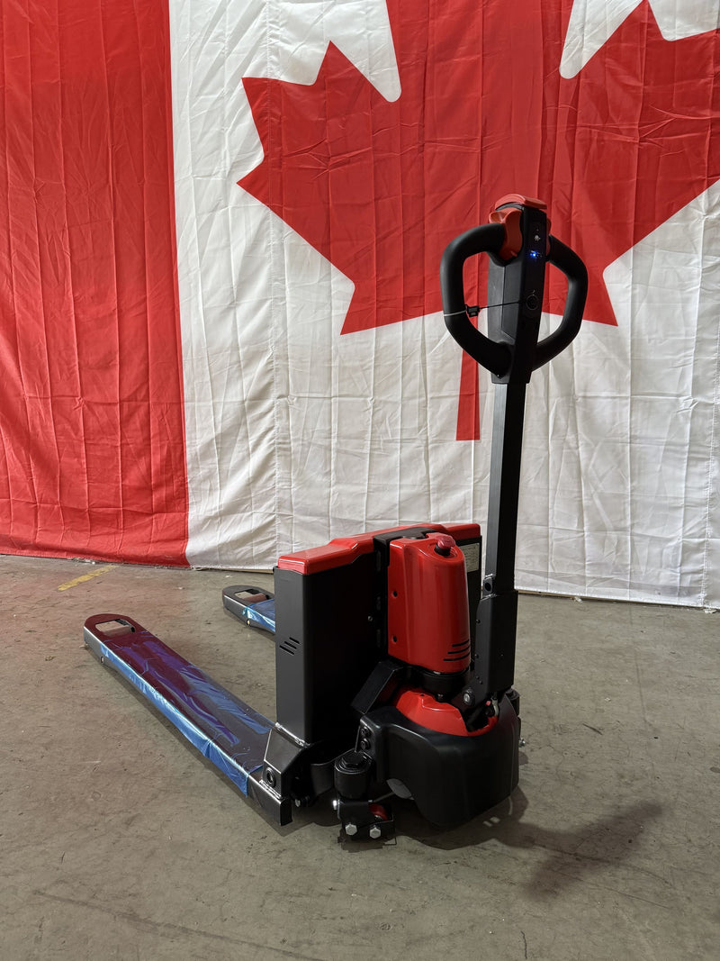 Front three-quarter view of the Raelon CBD15W-II with the tiller arm raised and the 48 in forks wrapped in protective film