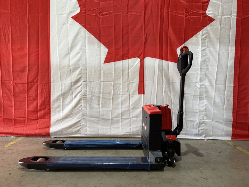Side profile of the Raelon CBD15W-II electric pallet jack with the tiller arm upright and the forks in their factory protective film