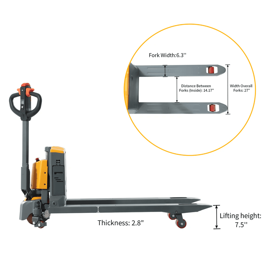 Raelon 4400lbs lithium pallet jack CBD20W-II with measurements on a white background