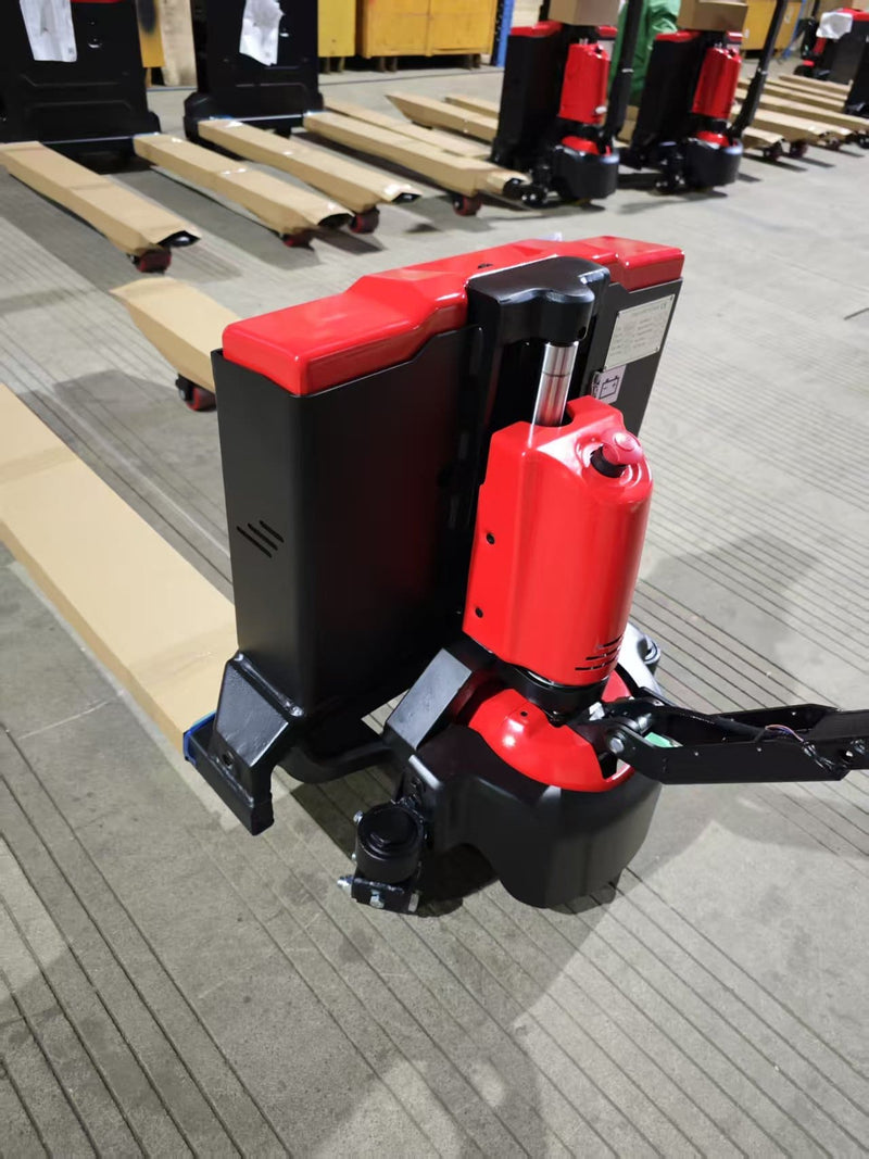 Angled view of the CBD20W-II drive unit with the tiller handle lowered, showing the emergency stop button, motor cover, side vents and battery housing